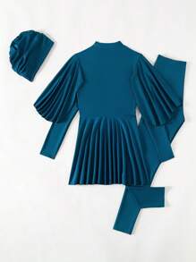 Swim Mulvari 女式布基尼套裝3入組泳裝，波浪邊荷葉邊上衣和全包覆下褲，包括罩裙、褲子和帽子，無鋼圈設計 - 水鴨藍 - 查看 8