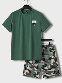 Manfinity RebelGame 男士鬆身迷彩印花短褲和t恤裝置飾補丁套裝 - 軍綠色 - 查看 1