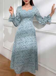 Modelyn Ladies' Floral Jacquard Bell Sleeve Dress - Blue - View 5