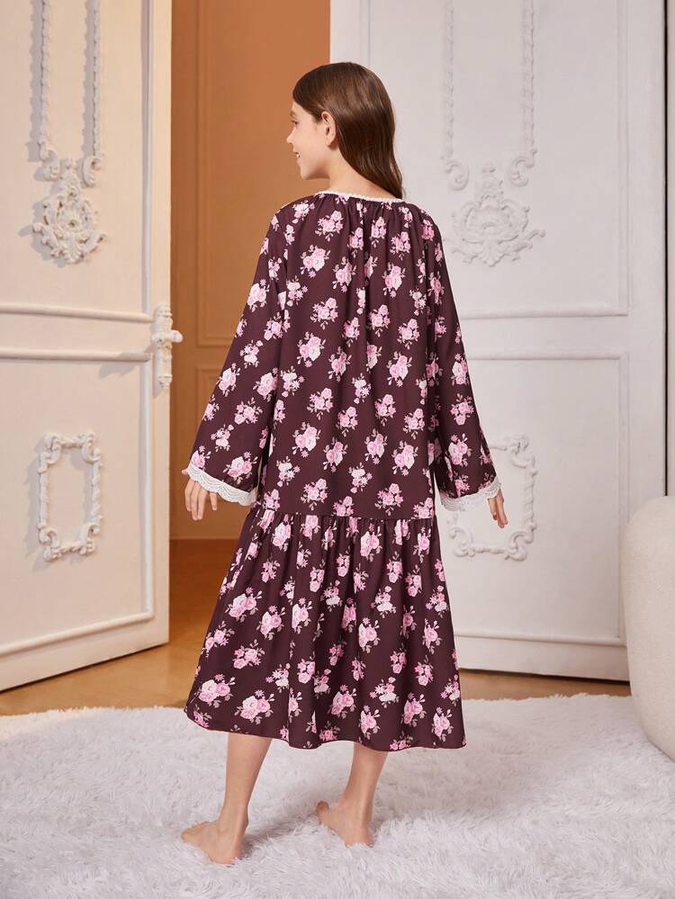 Tween Girls' Wine Red Floral Print Long Sleeve Sleep Dress Home Wear