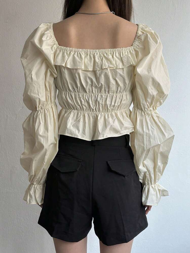 Women's Solid Color Ruffle Trim Tie Front Shirt,Fall Clothes Long Sleeve Top