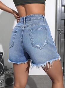 SHEIN EZwear Women's Frayed Hem Distressed Denim Shorts - Medium Wash - View 2