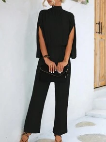 Women's Solid Color Jumpsuit With Slit Sleeves, Black - Black - View 5