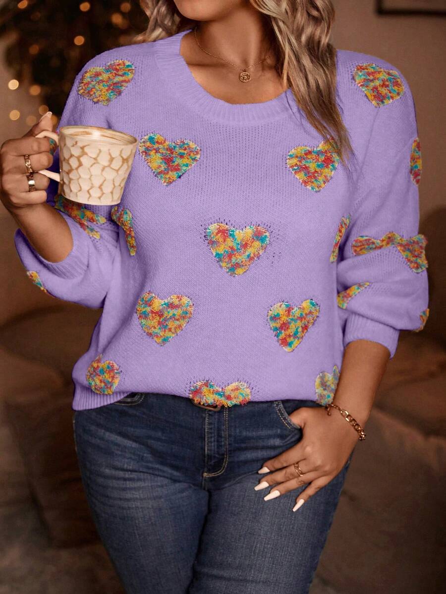 Calvaya Sweater Ukuran Plus Hati Casual - Mauve Purple - View 1