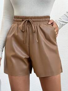 EURMUSE Của phụ nữ Eo dây rút chất liệu da PU Quần short - Lạc đà - Xem 5