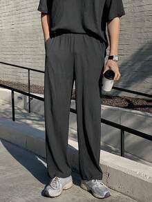 DAZY Nam Màu thuần Vòng cổ Áo thun Và Quần Mùa xuân/Mùa hè Bộ - Màu xám đen - Xem 8