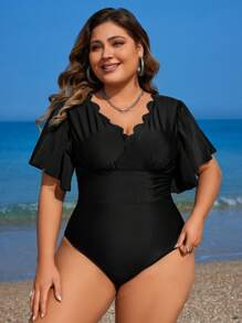 Swim Lushoire Summer Beach Plus Size Scallop Edge Decorated V-Neck Short Flare Sleeve One-Piece Swimsuit