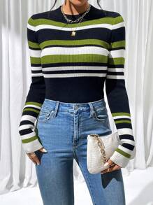 Chiquease Jersey de manga larga a rayas, suéter de punto para otoño e invierno - Multicolor - Ver 6