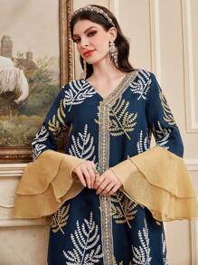 Al Najma Women's Arabian Style Plant Print Patchwork Tape Dress - Navy Blue - View 8