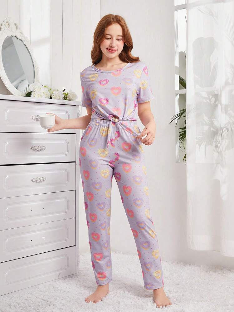 Teen Girls' Casual Loose Fit Homewear Set With Heart & Doughnut Pattern Printed Short-Sleeve T-Shirt And Long Pants
