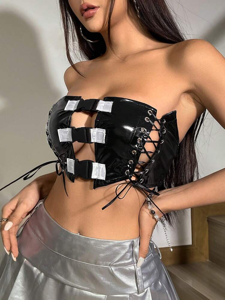 Women's Eyelet Tie Front Bandeau Top