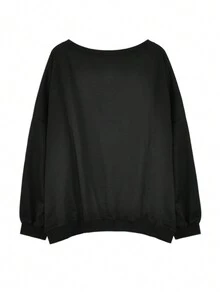 American Slouchy Asymmetrical Neckline Off-Shoulder Sweatshirt Women Autumn New Loose Slimming Long Sleeve Top Design One-Shoulder Solid Color Pullover Sweatshirt - Black - View 4