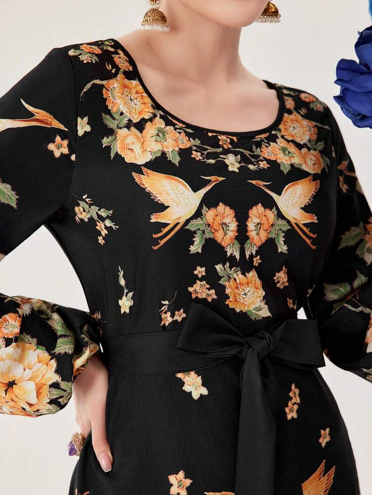 Women's Arabian Lantern Sleeve Floral Print Dress