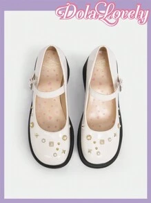Dola Lovely Women'S Faux Pearl Studded Mary Jane Shoes With Chunky Heel, Heart Buckle, Fashionable Wedge Shoes For Women