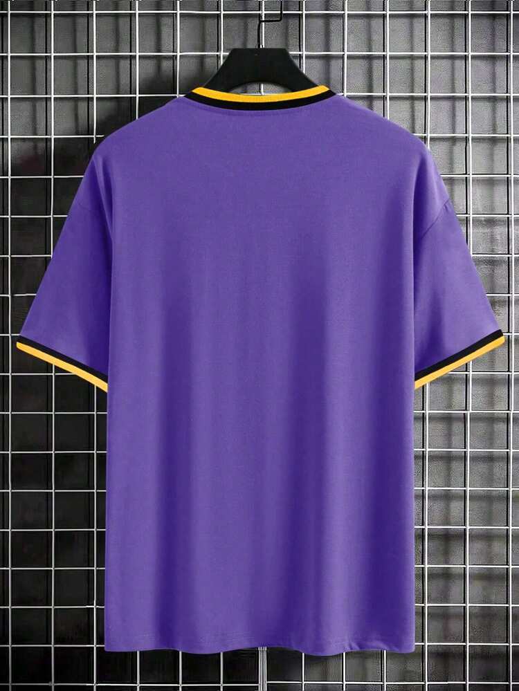 Men's Plus Size Number And Letter Printed Colorblock Tee With Contrast Trim