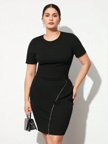 BizChic Conjunto De Camiseta De Manga Corta Para Mujer De Talla Grande Y Falda Con Cremallera Asimétrica