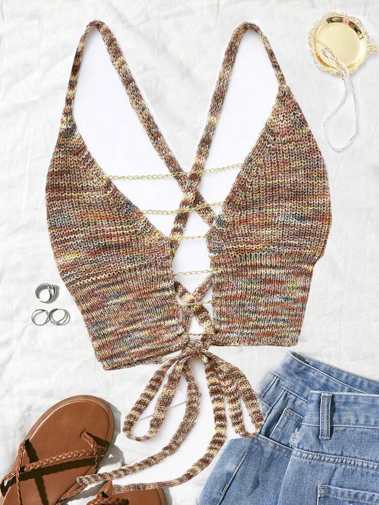 Plus Size Women's Stylish Knitted Top With Chain Decoration And Tie