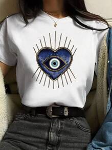 SHEIN Essnce 女士心形＆眼睛印花短袖t恤 - 白色 - 查看 1