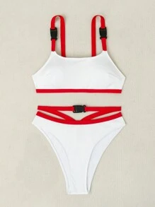 SHEIN Swim Women's Contrast Color Buckle Detail Bikini Set Summer Beach - Red and White - View 3