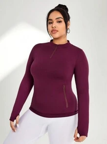 Gameset SHEIN Sport Plus Size Women's Half-Zip Sports Stretchy Sweatshirt - Burgundy - View 5