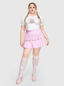 ROMWE Kawaii Plus Size Women's Cute Strawberry Ribbon & Bowknot & Embroidery Decor Sweet A-Line Skirt