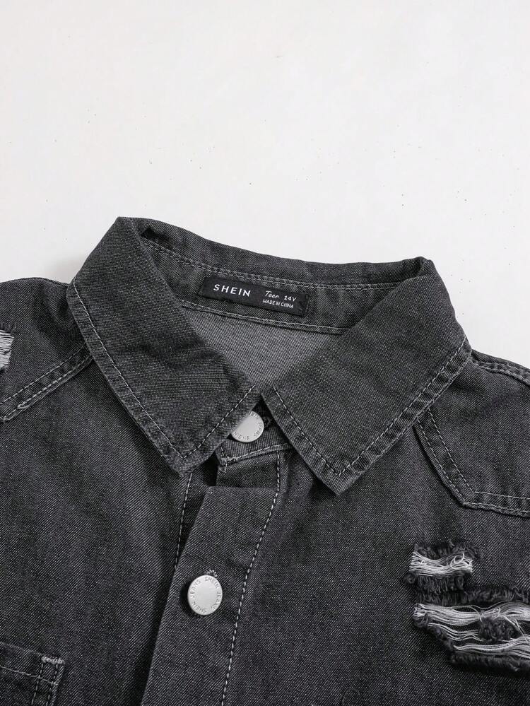 Teen Boys' Casual Long Sleeve Ripped Denim Shirt With Button-front And Pockets