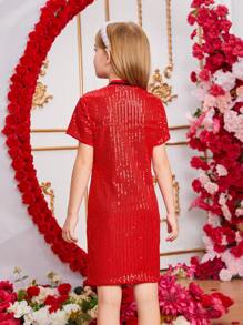 Vestido De Lentejuelas De Fiesta Precioso Para Niñas Adolescentes - Rojo - Ver 2