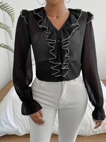 SHEIN Privé Camiseta Romántica De Manga Larga De Gasa Con Volantes En Bloque De Color Para Mujer