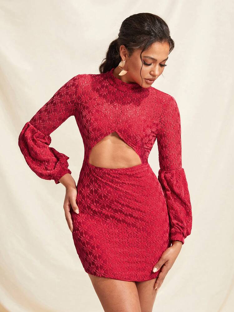 Designer Long Sleeve Romantic Cutout Lace Elegant Dress, New Year Eve Outfit, Fall , For Autumn, Holiday, Party, Valentine's Day, Festival