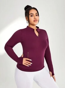 Gameset SHEIN Sport Plus Size Women's Half-Zip Sports Stretchy Sweatshirt - Burgundy - View 3
