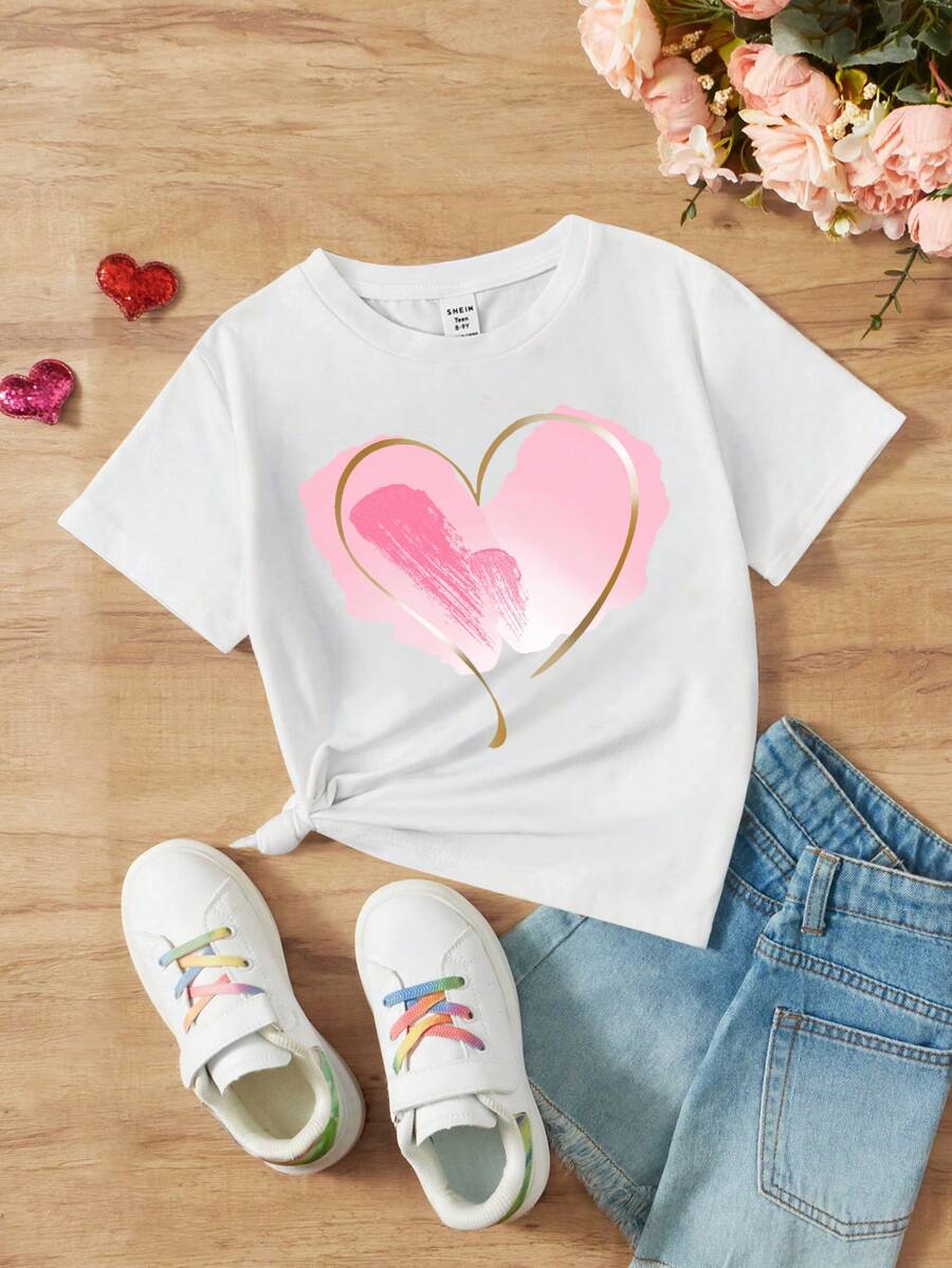 SHEIN Leap Crew Tween Girls' Casual & Simple Heart Pattern Short Sleeve T-Shirt With Round Neckline, Suitable For Summer - White - View 1