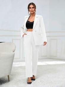 SHEIN Privé Women's Lapel Collar Blazer And Pants Set - White - View 6