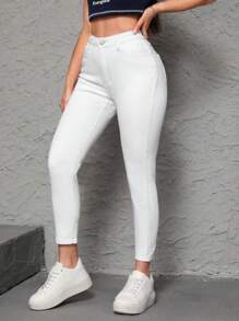 SHEIN PETITE Jeans Slim Fit Para Mujeres - Blanco - Ver 5