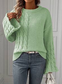 SHEIN LUNE Áo len nữ tay chuông dệt kim kiểu cáp, áo len chui đầu mùa thu đông. - Màu xanh Bạc hà - Xem 5