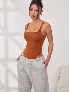 1pc Square Neck Ribbed Knit Bodysuit - Brown - View 3