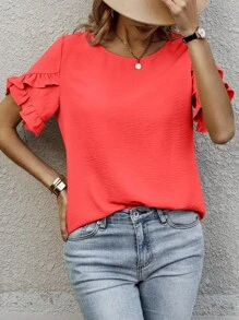 EMERY ROSE Round Neck Solid Color Blouse