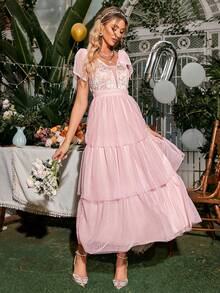 Simplee Women's Sheer Mesh Spliced Cocktail Party Dress - Pink - View 5