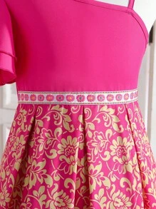 Tween Girls' Asymmetrical Collar Dress With Floral Print, Pleated Hem And Zigzag Design - Hot Pink - View 5