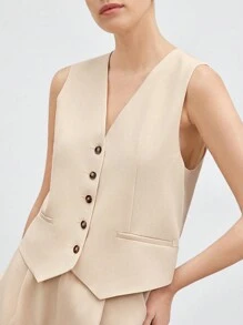 BizChic Bộ vest và quần short cài nút màu trơn dành cho nữ mùa thu/đông - Màu be - Xem 7