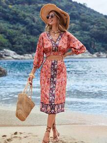 SHEIN VCAY Summer Beach Women's Floral Print Hollow Out Dress