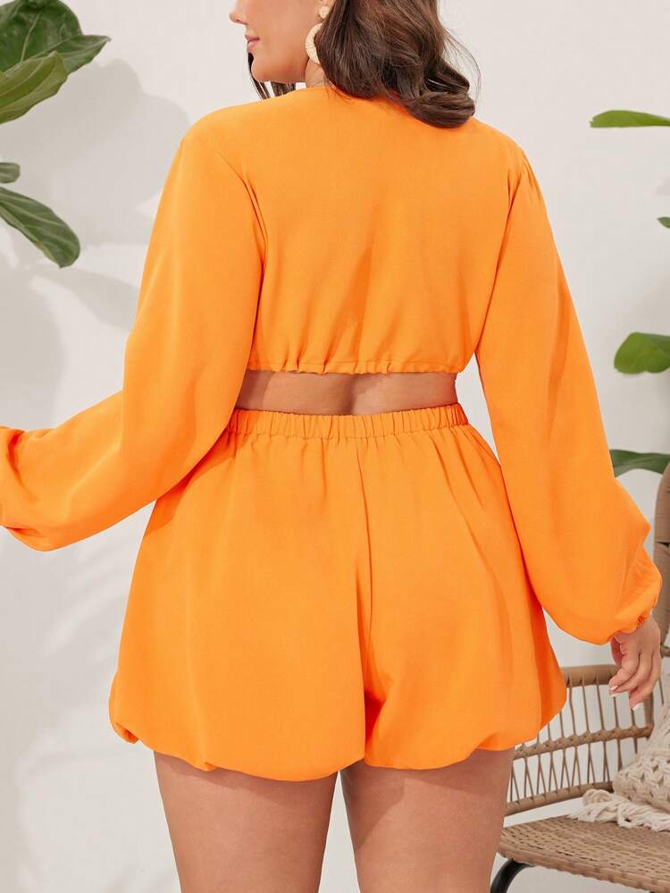 Plus Size Beach Holiday Orange Two-Piece Set With Tie-Front Cropped Long-Sleeved Top And Shorts