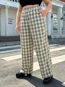 SHEIN Qutie 女士加大碼格紋直筒寬褲 - 彩色 - 查看 4