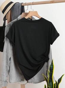 INAWLY Plus Size Round Neck Drop Shoulder T-Shirt Graphic Tees Women Tops - Black - View 2