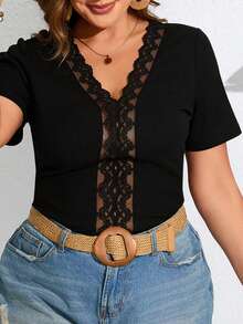 SHEIN Frenchy Áo thun tay ngắn lưới thêu họa tiết tương phản cỡ lớn cho nữ - màu đen - Xem 5