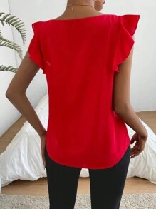 SHEIN Privé Women's V-Neck Ruffle Hemline Decor Blouse - Red - View 2