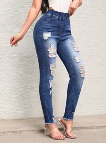SHEIN SXY Quý cô Đau khổ Denim Quần jean - Rửa tối - Xem 6
