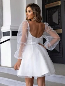 Joyfunear Women's Mesh Patchwork Sweetheart Collar Dress - White - View 2