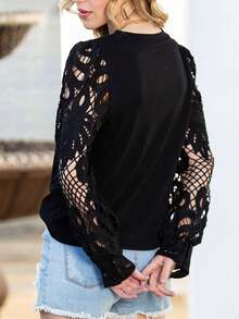 Acelitt Women's Round Neck Elegant Water-Soluble Lace Lantern Sleeve T-Shirt - Black - View 2