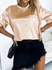 女款短袖立領緞面 T 卹 - 杏色 - 查看 1