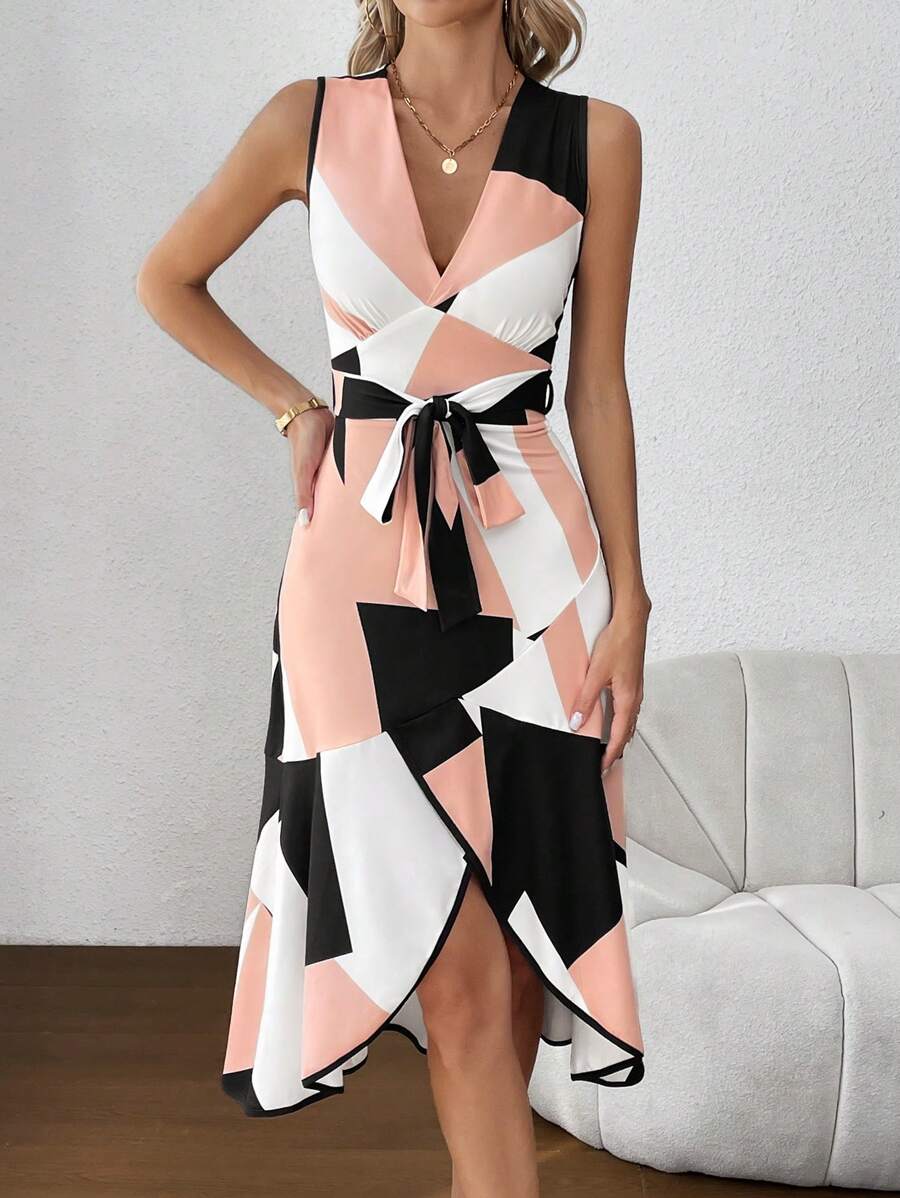 SHEIN Clasi Vestido Con Dobladillo Cruzado Y Estampado Geométrico Para Mujer - Multicolor - Ver 1